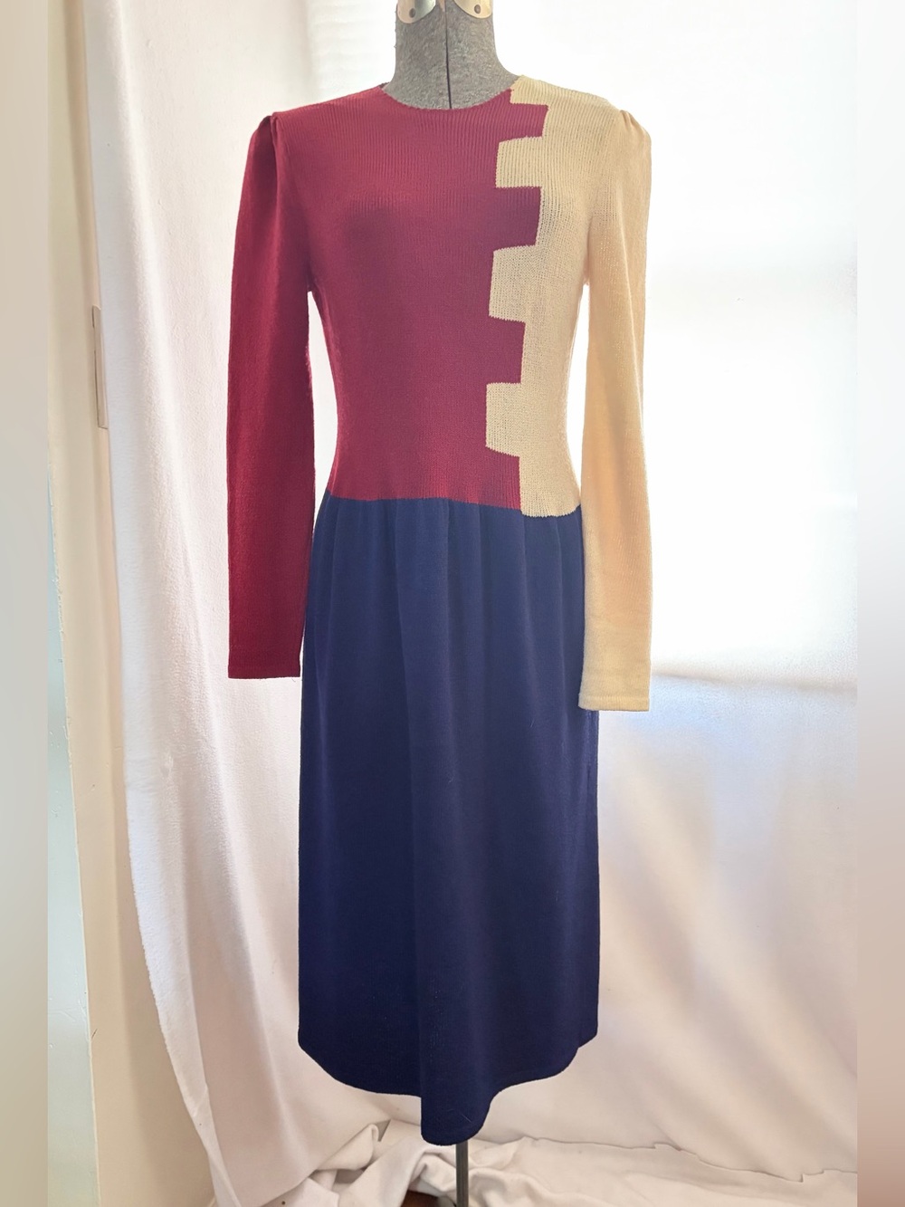 Vtg Saks Fifth Ave Peter Lynne graphic color block mod knit midi dress
